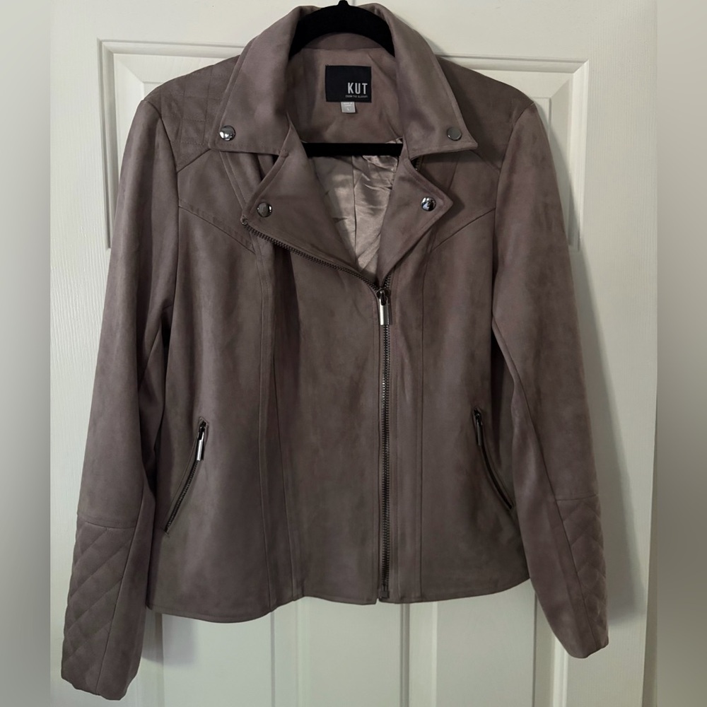 KUT from the Kloth Taupe Quilted Faux Suede Moto Jacket - Large - EUC
